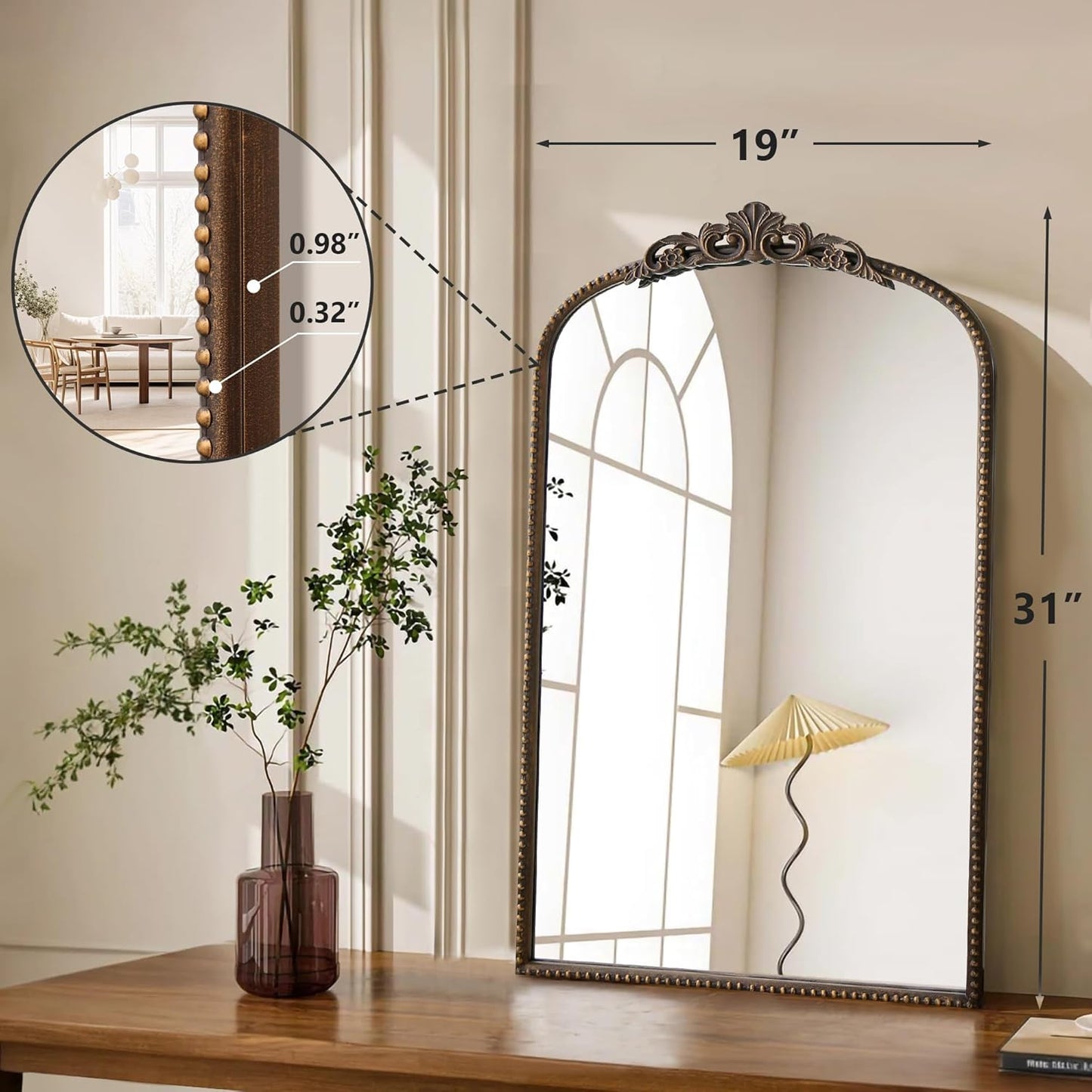 Micasso Traditional Arch Mirror, 31"x 19" Bronze Decorative Mirror with Metal Frame, Wall Mounted Mirror for Bathroom Bedroom Living Room Entryway, Home Wall Decor