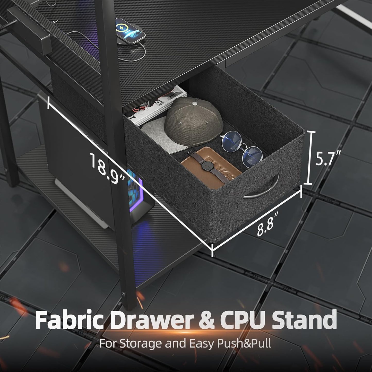 TIQLAB Gaming Desk 55 inch with Power Outlet and LED Light, Computer Desk with Reversible Shelves and Storage Drawer, Small PC Desk for Home Office Table with Bag, Carbon Fiber Black