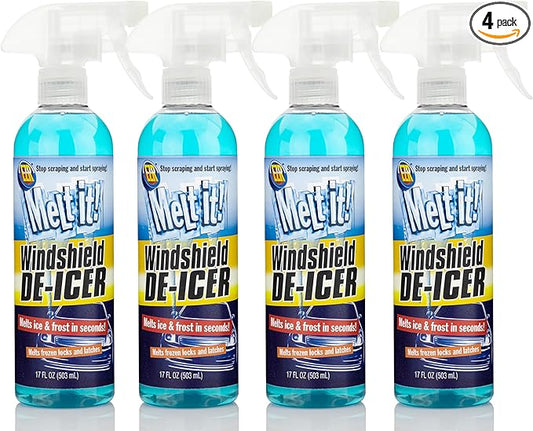 E·Z·R Melt it! Windshield De-Icer. Instantly Melts Ice & Winter Frost for Car Windshields, Windows, Mirrors, Key Locks, & Latches, Snow Melting Defrost Liquid for Car Window Cleaner, 17 Fl Oz 4-Pack