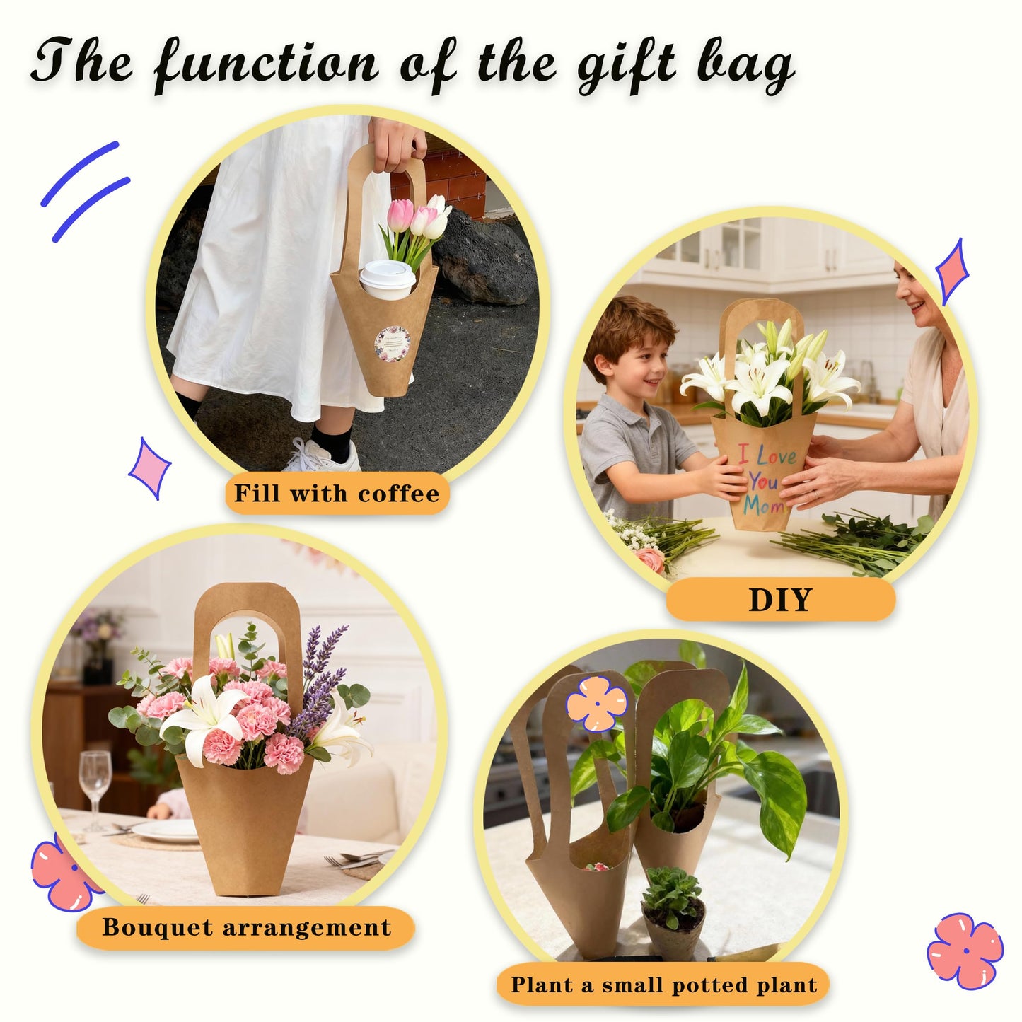 xialgshe 20 Pcs kraft paper flowers gift bags bouquets bags cones flower bouquet bags with handle to make bouquets for wedding,paper wedding birthday gift bag valentines day gift bag