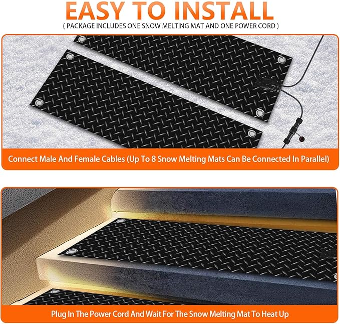 10 Inch x 48 Inch Outdoor Snow Melting Mat, Anti-Slip Heated Walkway Mat with Power Cord, Outside Ice Melt Mat for Doorway Stair Step Path Roof