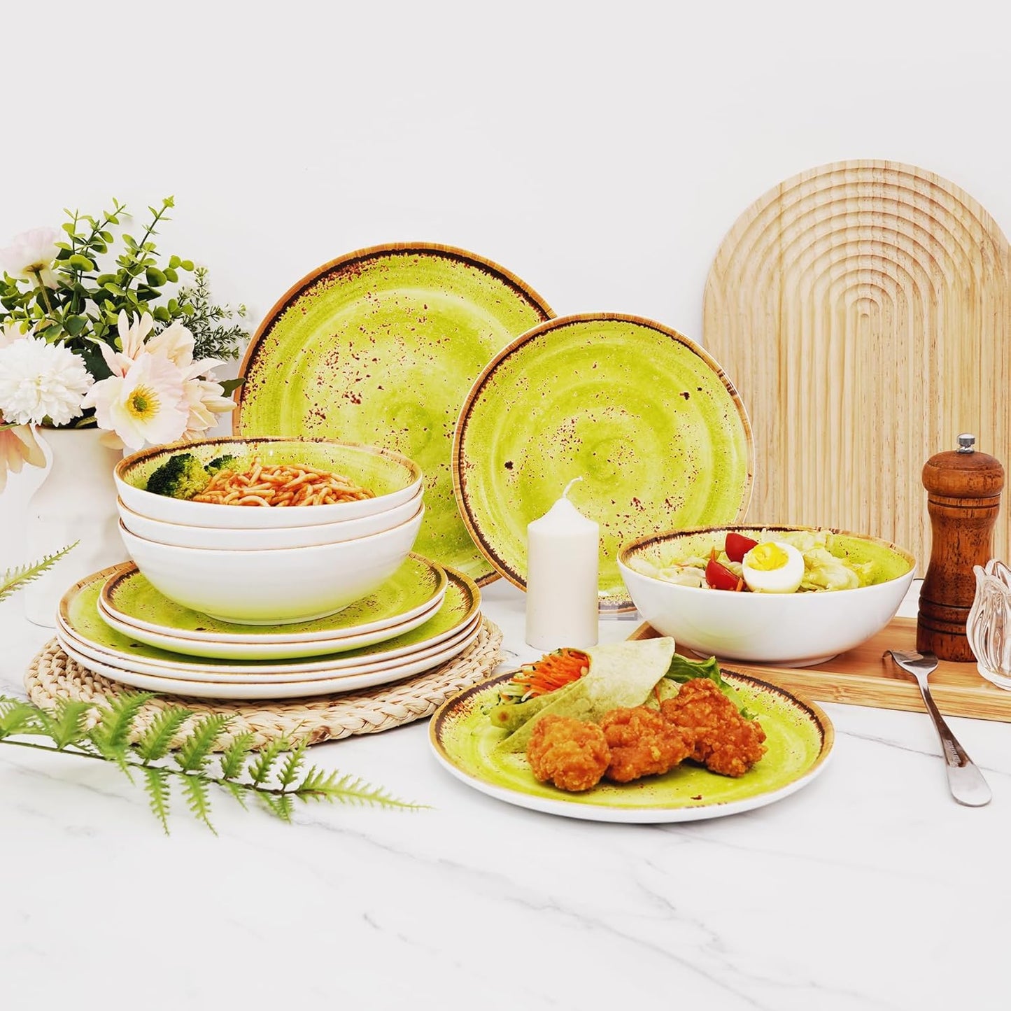 TP 12-Piece Dinnerware Set, Melamine Dishes Set with Bowls and Plates, Non-breakable and Lightweight Dinner Service for 4, Green Swirl