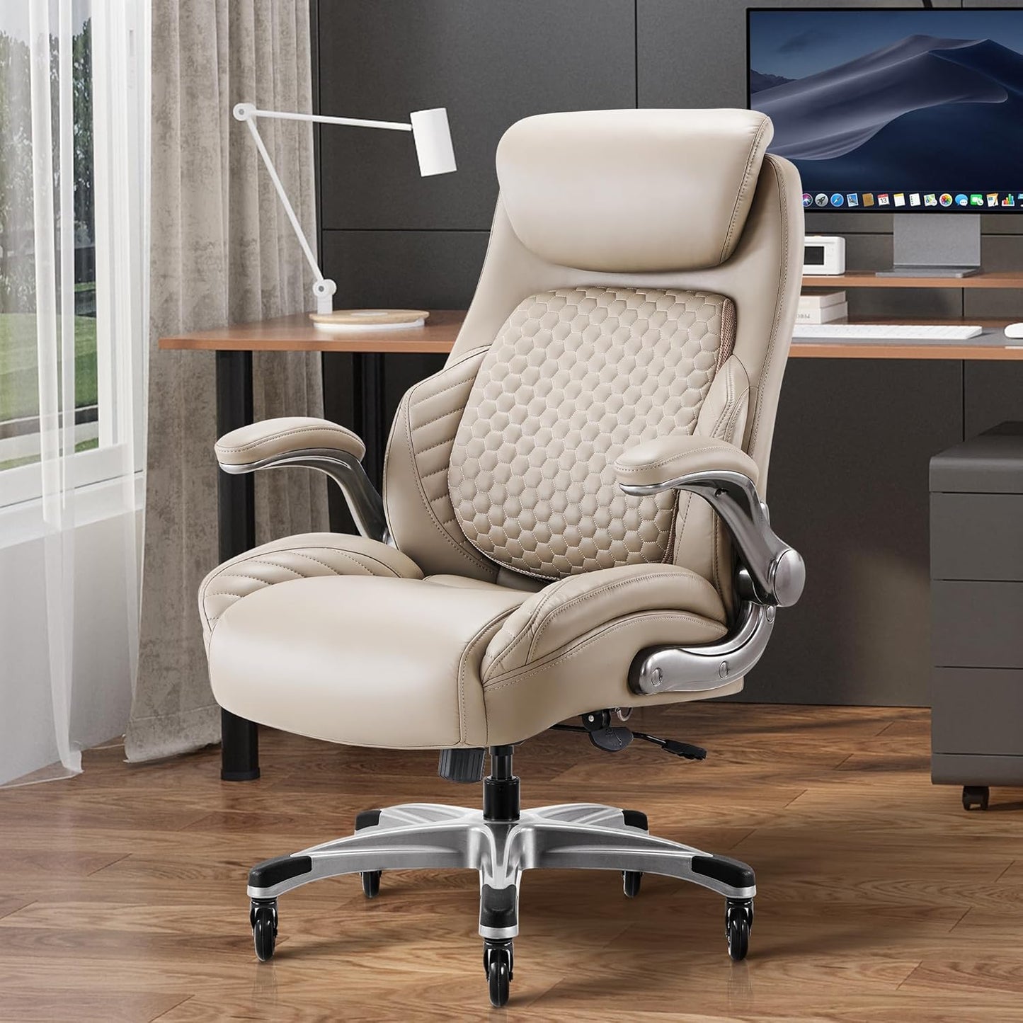 COLAMY Office Ergonomic Desk High Back Executive Chair with Pop-Out Lumbar Support, Upgraded Casters, Adjustable Headrest, Flip-Up Arms, Leather Home with Thick Cushion for Comfort - Khaki