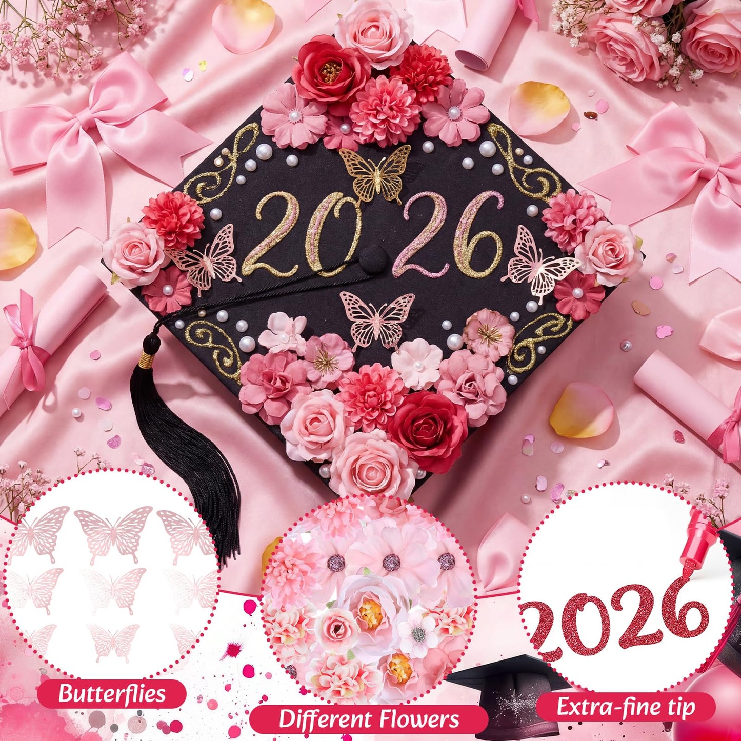 Gersoniel 180 Pcs Graduation Cap Decorations Kit 4 Adjustable Grad Cap, Faux Flower Heads 3D Butterfly Pearl Beads Glitter Glue Totes Bag for 2026 Graduation Dress Grad Hats Topper Party Craft DIY