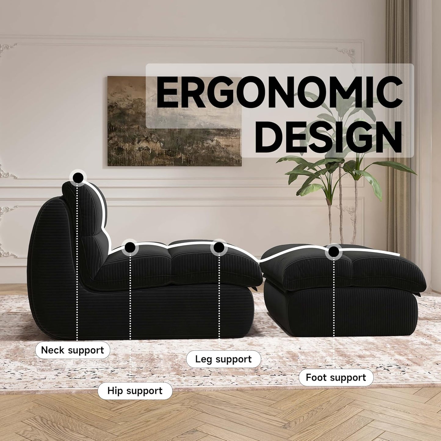 Bean Bag Chair with Ottoman, Cozy Comfy Reading Nook Chairs, Ultra Soft Corduroy Fabric Bean Bag Chairs for Adults, Reading Chair with Ottoman for Living Room, Bedroom Apartment (Black)