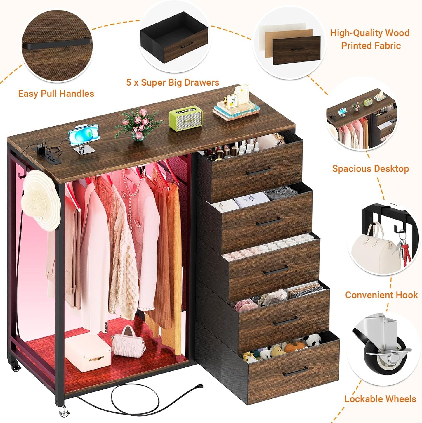 Cyclysio Dresser for Bedroom with Clothes Rack, 5 Fabric Drawers Dresser with Charging Station & LED Lights, Storage Chest of Drawers, Wooden Top, Bedroom, Closet, Red Oak