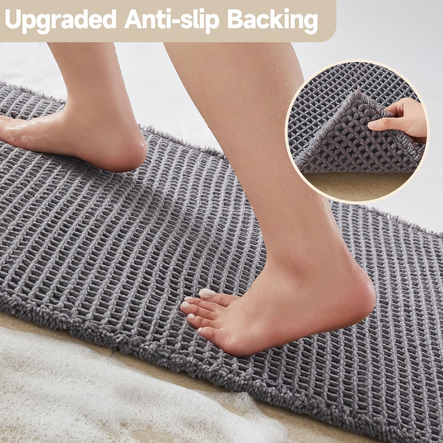 Waffle Bath Mat, Boho Bathroom Rugs Non Slip Washable Super Absorbent Quick Dry Bath Mat Farmhouse Bathroom Decor, 36"x24" Grey