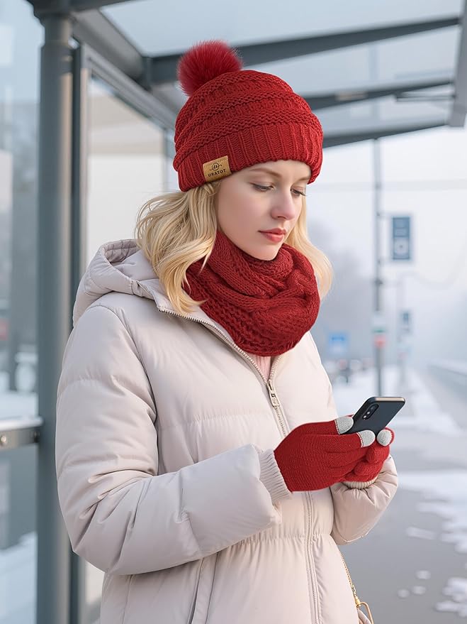 URATOT 4-In-1 Winter Warm Sets Knitted Scarf Touch Screen Gloves Beanie Pompom Hat and Winter Ear Warmer for Men or Women