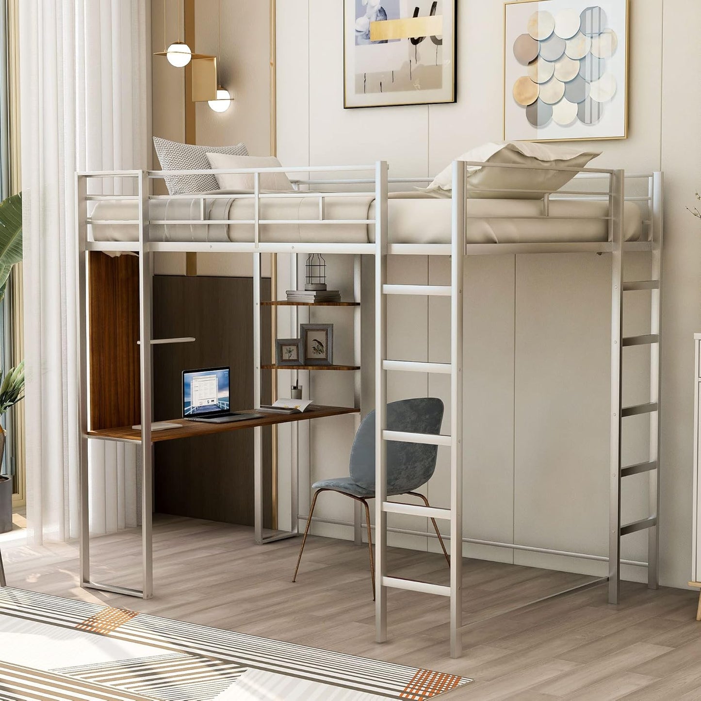 Full Size Metal Loft Bed with 2 Storage Shelves and 1 Desk,Steel Structure Bed Frame W/ 2 Build-in Ladders & Full-Length Guardrails,No Box Spring Needed,for Kids Teens Adults,Silver