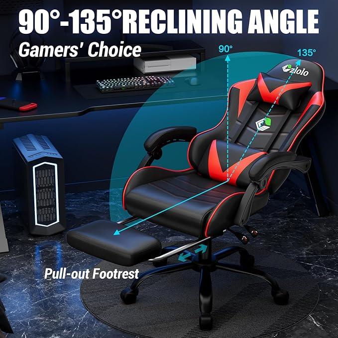 Gaming Chair with Footrest Racing Style Lumbar Support Massager Video Game Chair with Metal Legs, High Back Reclining Gamer Chair with Headrest, 360° Swivel Office Computer Desk Chair (Red)
