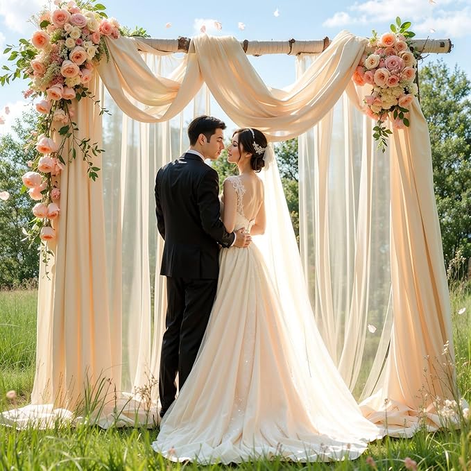 Wedding Arch Draping Fabric, 2 Panels 18FT Champagne Sheer Backdrop Curtain Chiffon Fabric Drapery Voile Scarf Draping Panels for Wedding Archway Ceremony Curtain Valance Party Decoration