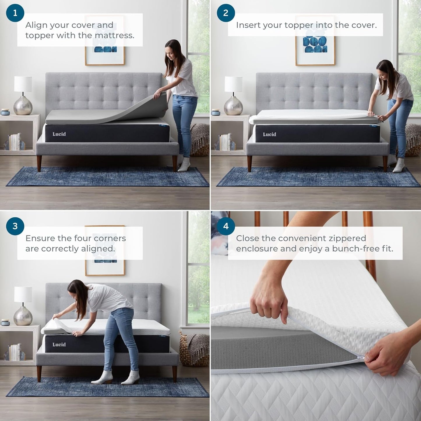 Lucid 3 Inch Bamboo Charcoal Topper and Lucid Zippered Enclosure Mattress Topper Cover, California King