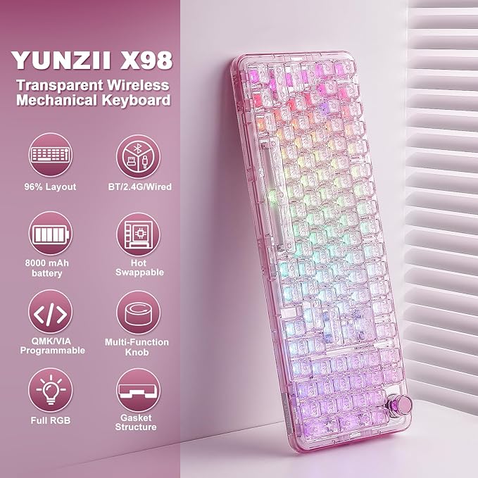 YUNZII X98 QMK/VIA Wireless Mechanical Gaming Keyboard with Knob,Tri-Mode BT5.0/USB-C/2.4GHz Hot Swappable Keyboard,Pre-lubed Switches Gasket Mount RGB Backlit for Wins/Mac (Pink, Crystal Switch)