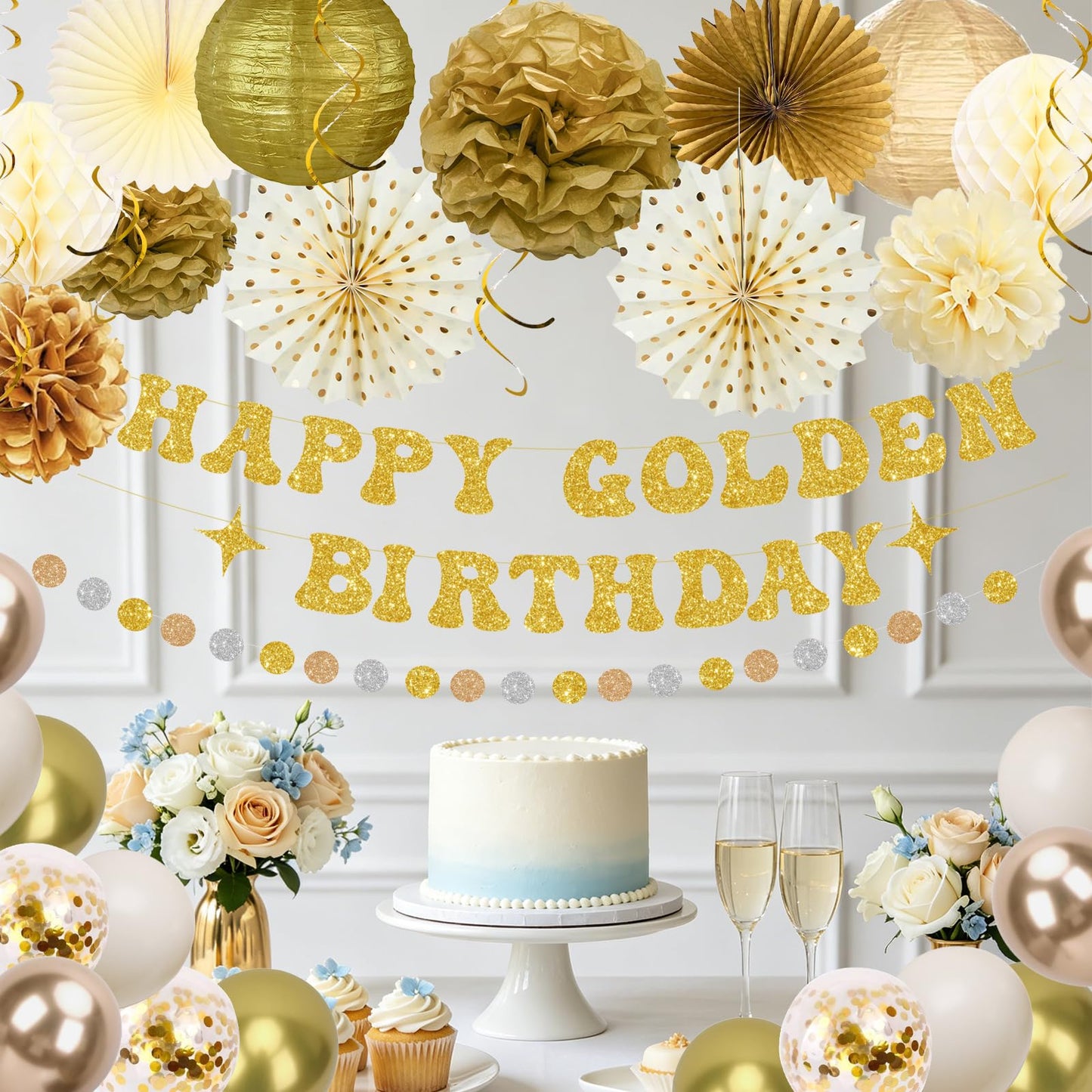 Golden Birthday Party Decorations,Gold Birthday Decorations with Happy Golden Birthday Banner,Paper Lanterns,Tissue Pom Poms,Fan,Gold Cream Balloons for Women Men,Photo Backdrop Decor,Gold Party
