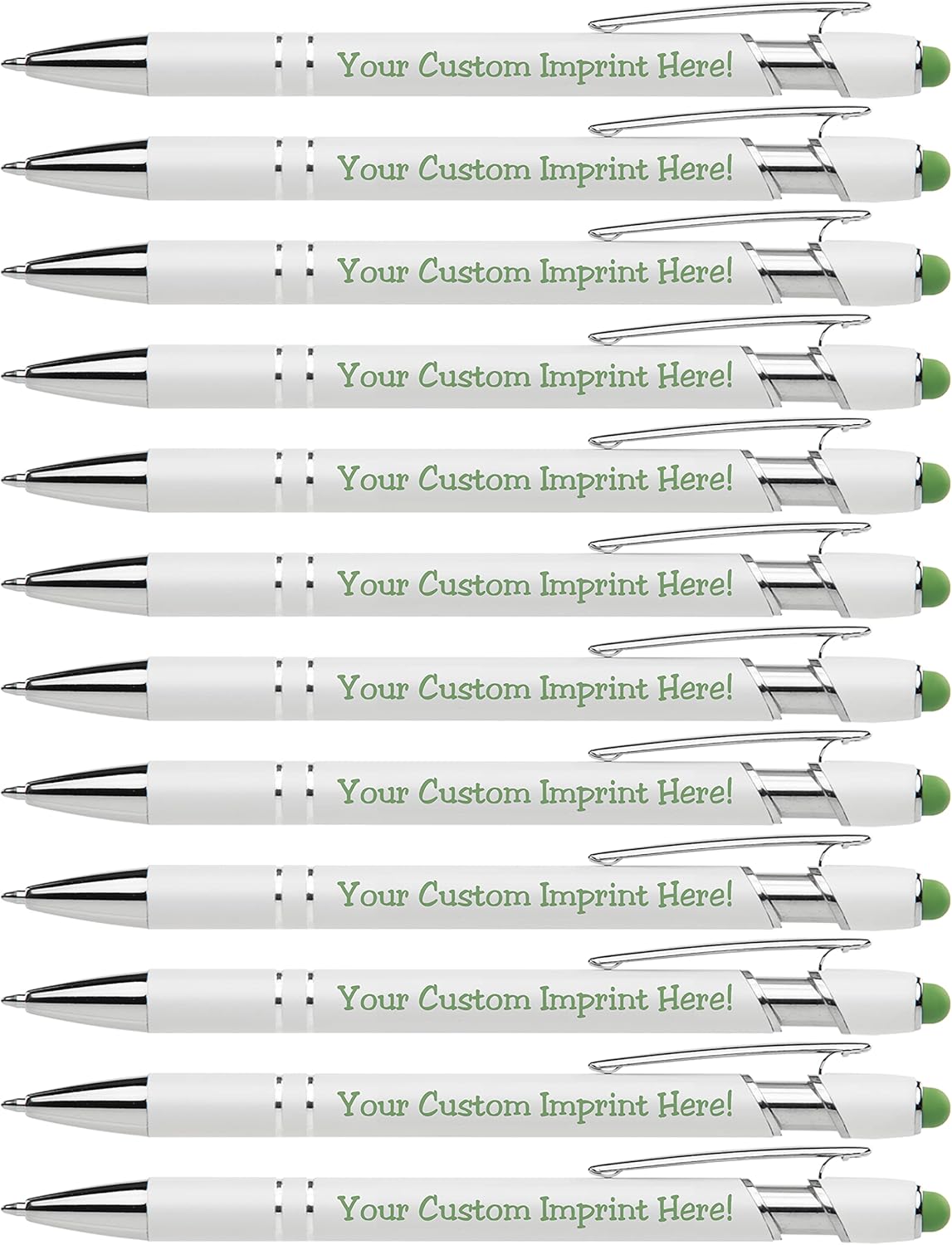 ExpressDesigns™ - Premium Custom Pens with Stylus | Beautiful White | Personalized Soft-Touch Metal Printed Name Pens w/Black Ink - 12 pack (Green)