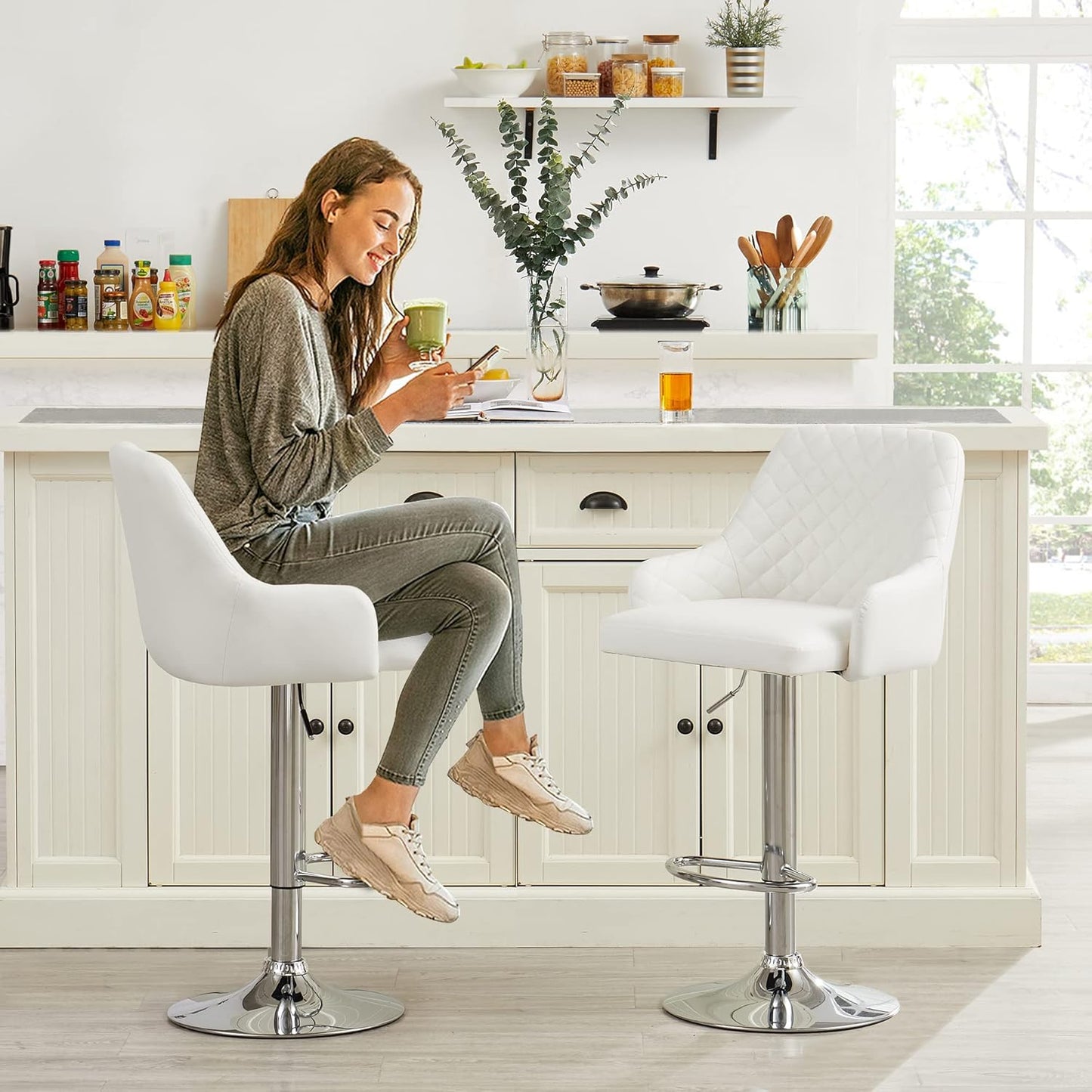 VECELO Adjustable Bar Stools Set of 4 with Back, Bar Height for Kitchen Counter
