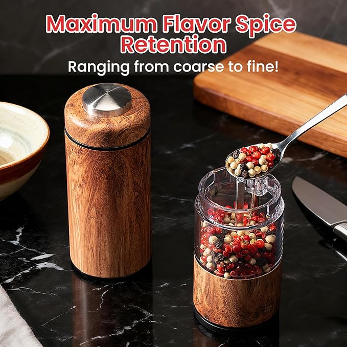 Rechargeable Electric Salt and Pepper Grinder Set – Automatic Salt and Pepper Shakers with Wood Base, Adjustable Coarseness, LED Light, One-Hand Operation Salt and Pepper Shakers Set