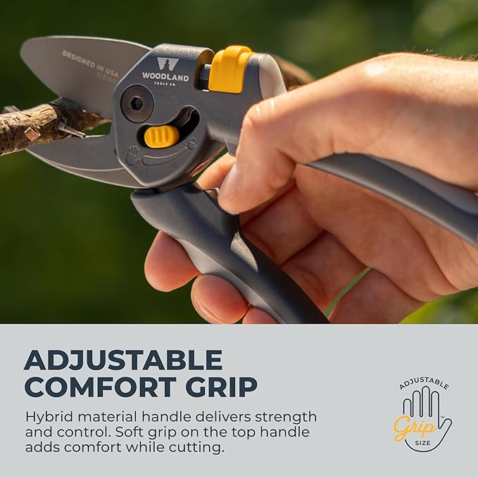 Woodland Tools Co. Heavy Duty Anvil Pruning Shears – 5/8" Cut Capacity, High Carbon Steel Blade, Internal Spring, Adjustable Grip Slider, Garden Pruner for Dry Branches, Stems, and Dead Growth
