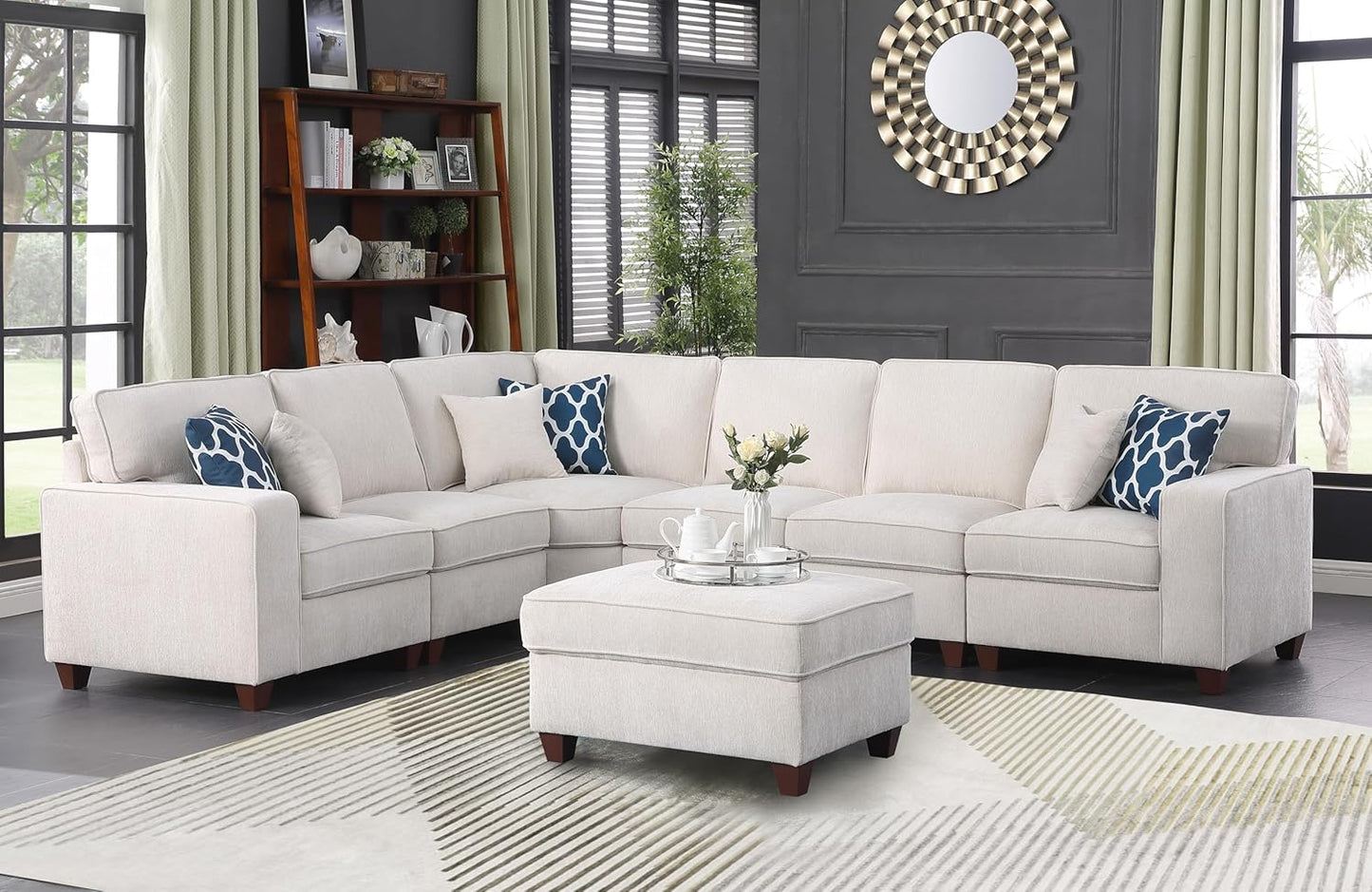 116" Convertible Sectional Couch with Movable Ottoman and 6 Throw Pillows,Chenille Upholstered Comfy Sofa 7 Seater,L-Shaped,Free Combination,Easy Assembly for Living Room,Apartment,Office,Beige