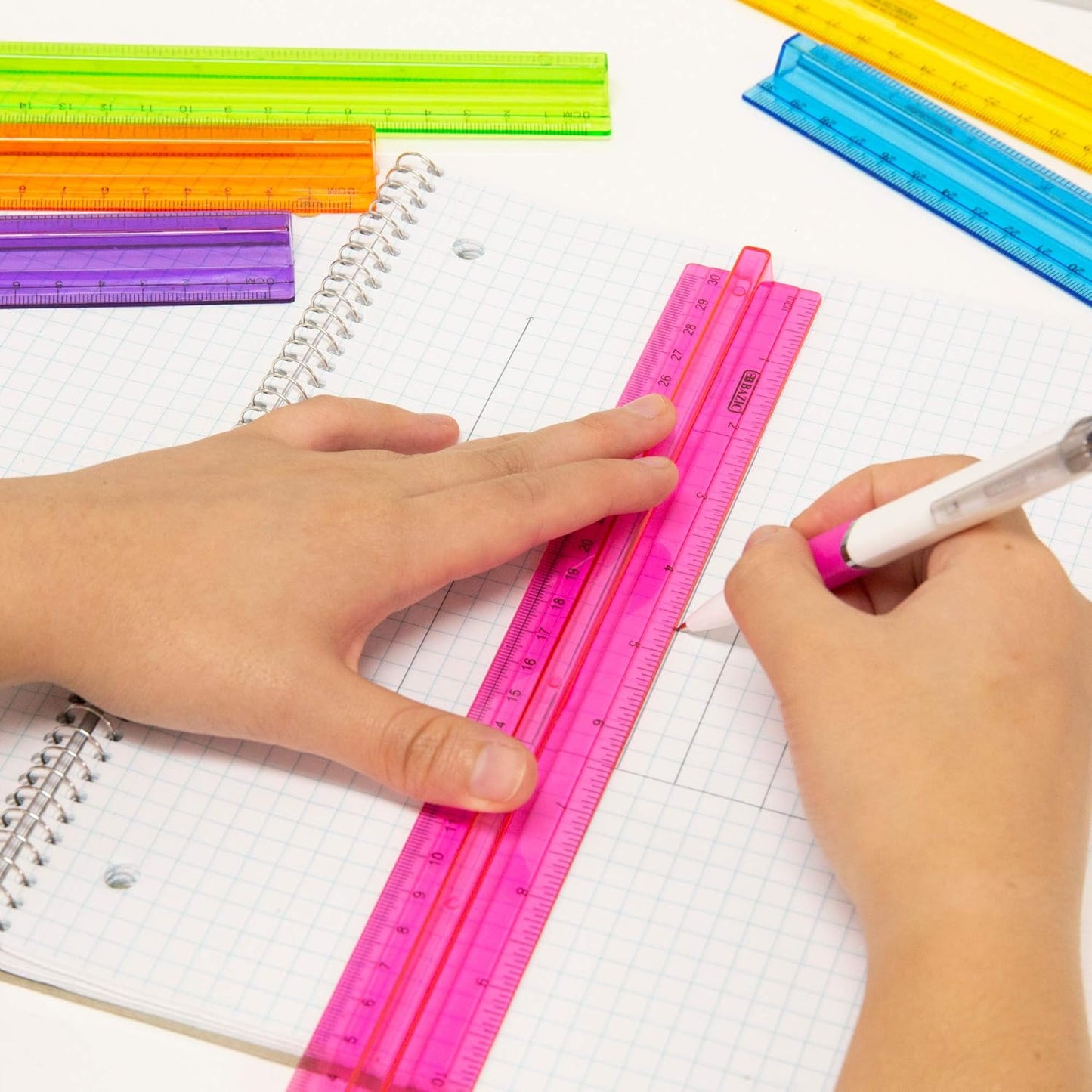 BAZIC Products Plastic Ruler 12" (30cm) w/Handle Grip, Inches Centimeter Metric Measuring Drafting Rulers, for Students School Supplies, Assorted Color, 6-Pack