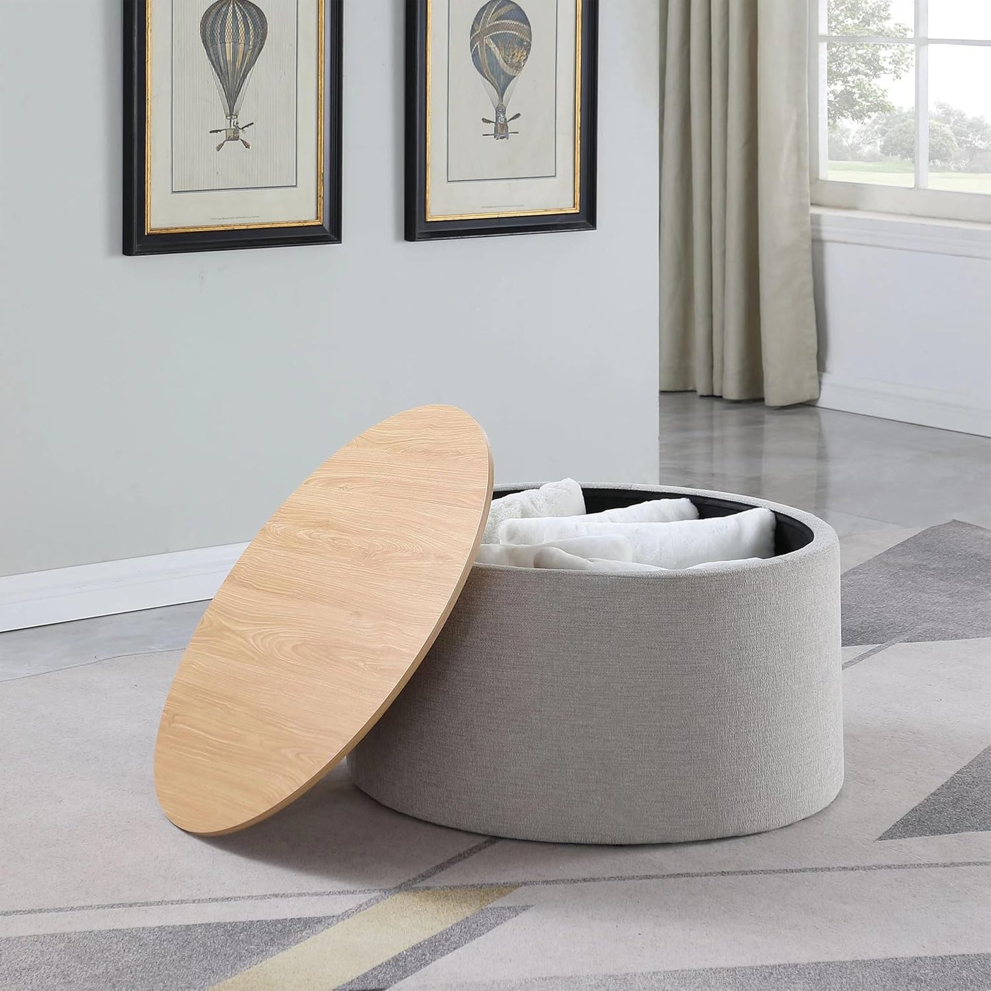 HomePop Storage Ottoman with Wood Grain Top - Light Gray Textured Woven