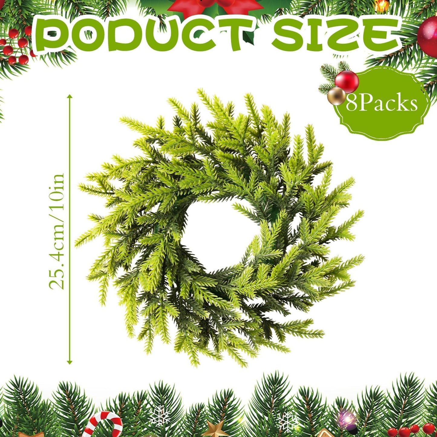8 Pcs Christmas DIY Gree Wreath 10 Inch Green Artificial Wreaths DIY Faux Plain Wreaths Front Door Green Farmhouse Cabinets Wreath Indoor Outdoor Wall Decor(Pine Needle)