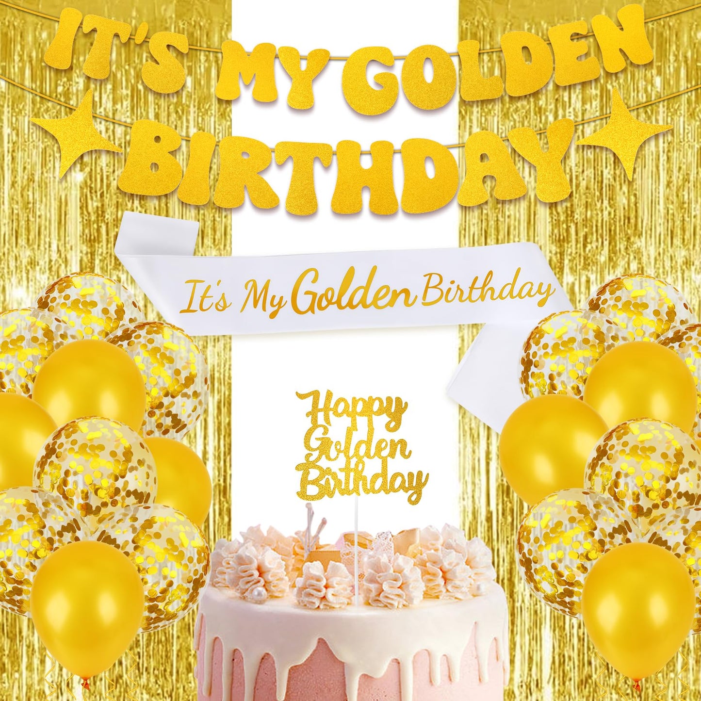 Golden Birthday Party Decorations PremiumIt’s My Golden Birthday Sash & Banner, Gold Cake Topper, Fringe Curtains, Balloons for Adult Women Men Party Supplies