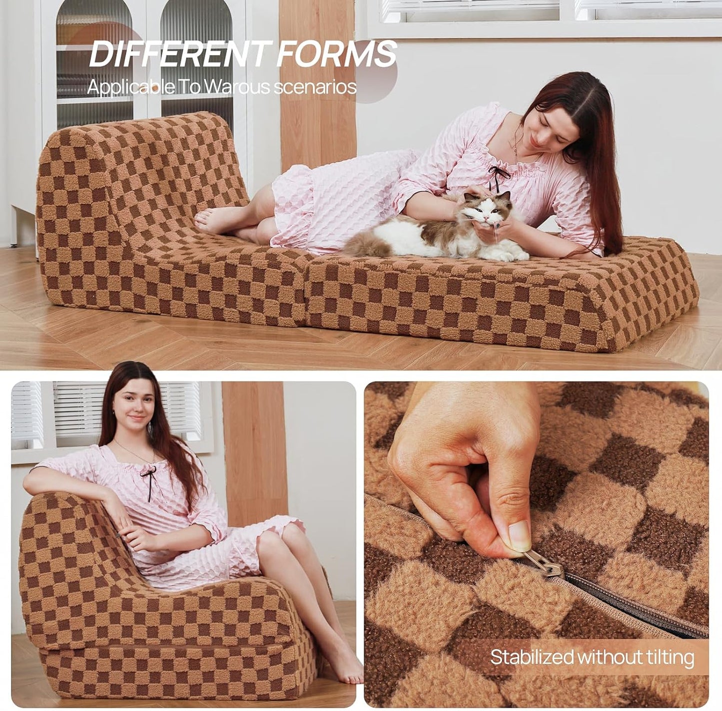 Bean Bag Chair for Adults, Folding Sofa Bed, Convertible Sleeper Lounge Chair, Full Foam Filling Comfy Floor Sofa, Folding Chair Bed for Living Room、Bedroom and Office (Brown)