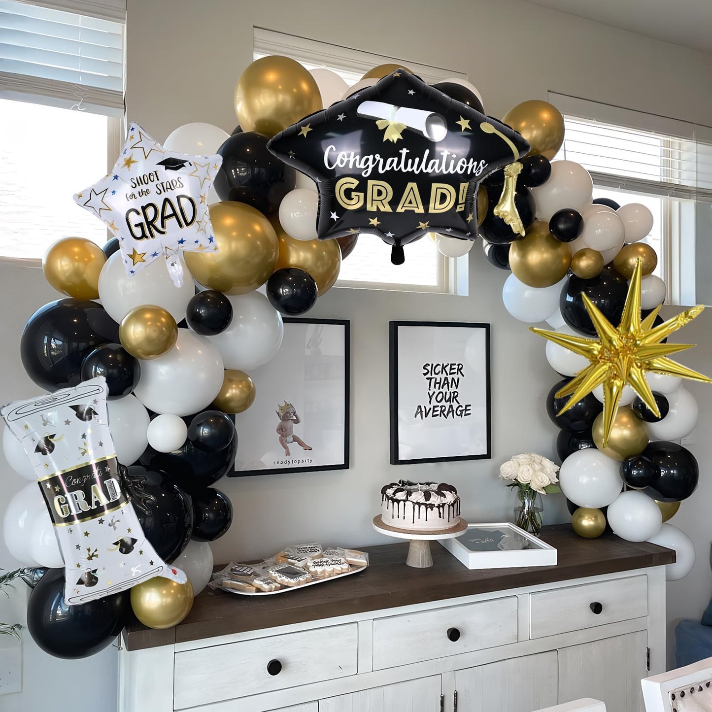 Graduation Balloon Arch Garland Kit 2026, Black Gold Confetti White Graduation Decorations with Foil Grad Cap Diploma Star Balloons for Congrats Class of 2026 Graduates Celebrations Party Decorations