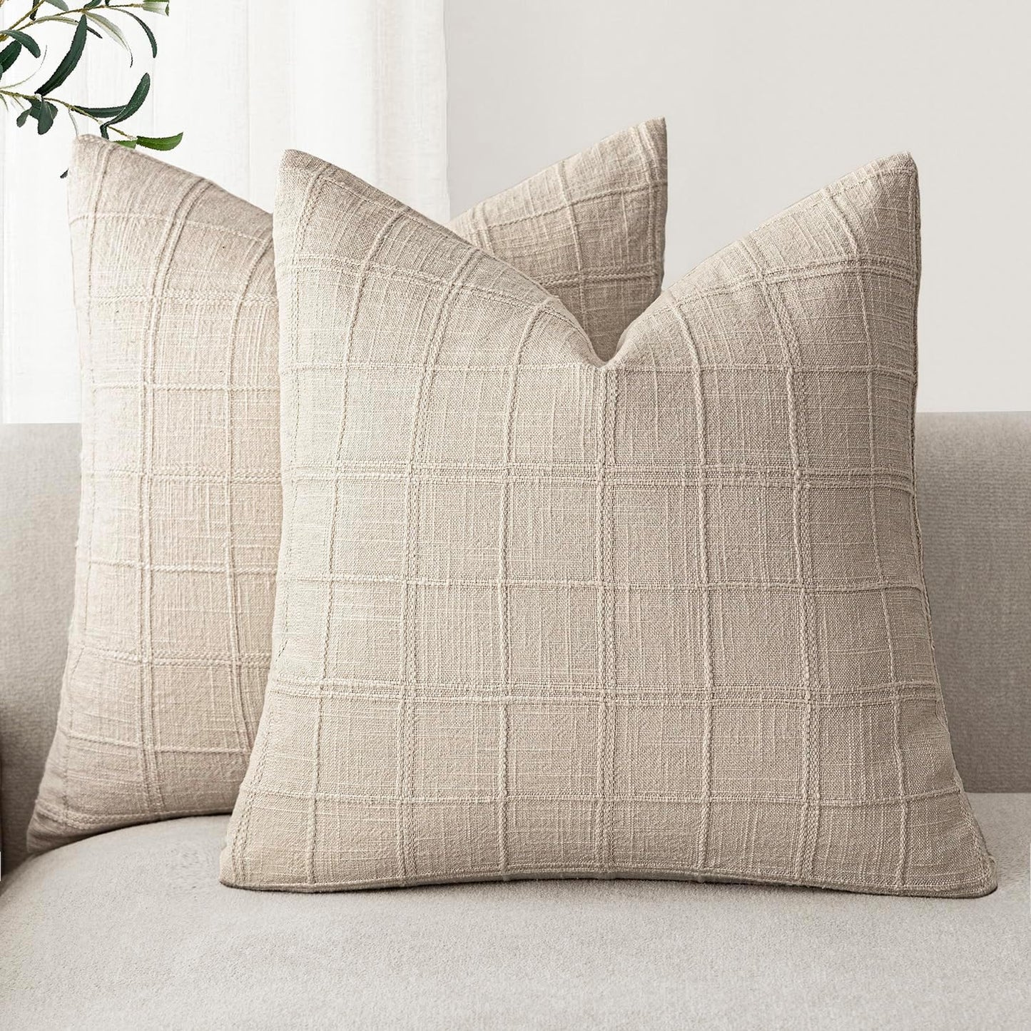 Foindtower Set of 2 Decorative Linen Check Throw Pillow Covers Neutral Farmhouse Vintage Cushion Covers Modern Boho Home Decor For Sofa Chair Couch Bedroom Living Room Outdoor,18×18 Inch,Natural Linen