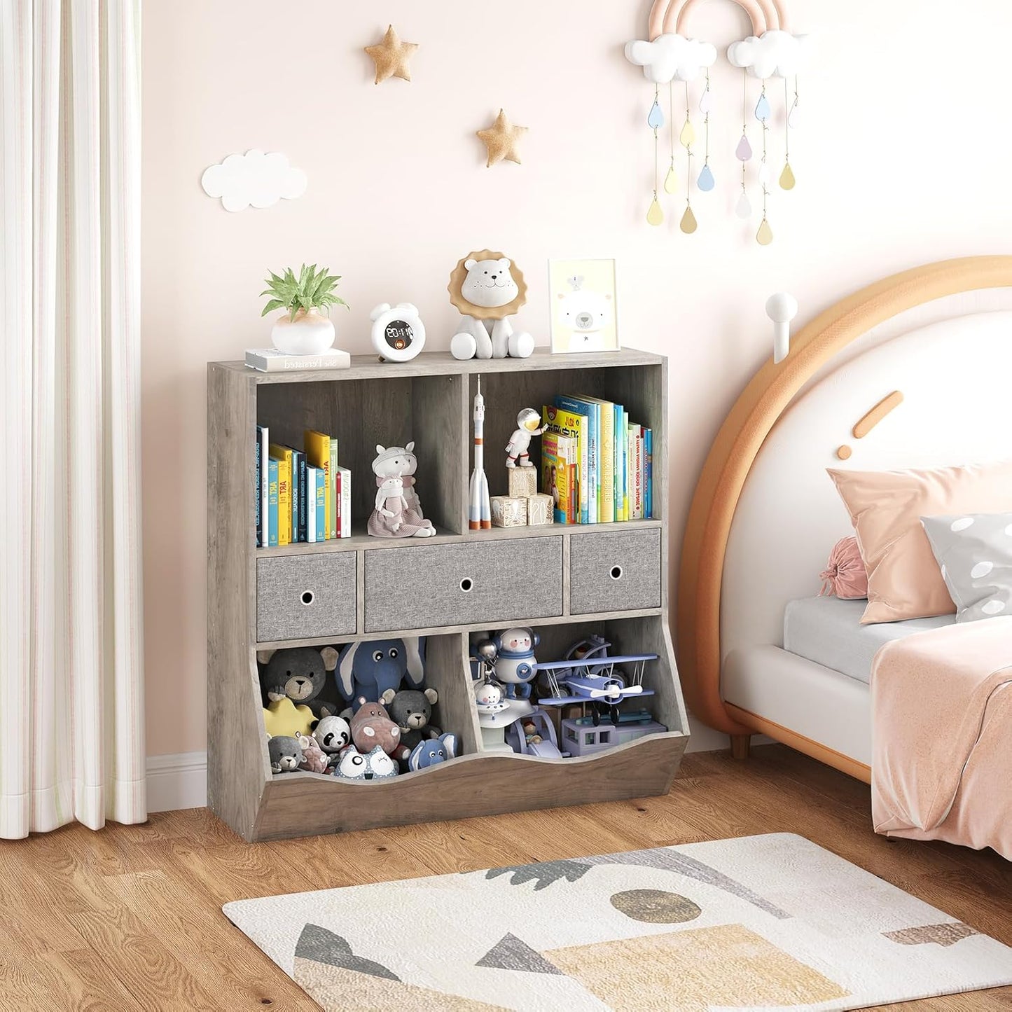 IDEALHOUSE 7-Cubby Large Kids Toy Storage Organizer, Children Wood Bookcase and Bookshelf, 3-Tier Toy Storage Cabinet with 3 Drawers for Hallway, Playroom, Living Room, School, 2 Set Gray