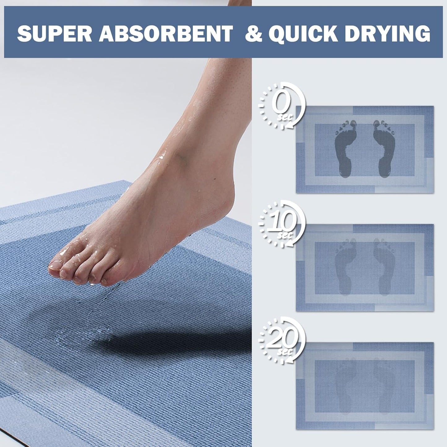 Non Slip Long Bath Mat Bathroom Runner, Rubber Backing Ultra Thin Bathroom Rugs Fit Under Door Quick Dry Super Absorbent Washable Bath Rug Shower Mat for Bathtub Sink Floor, Blue 17"x47"