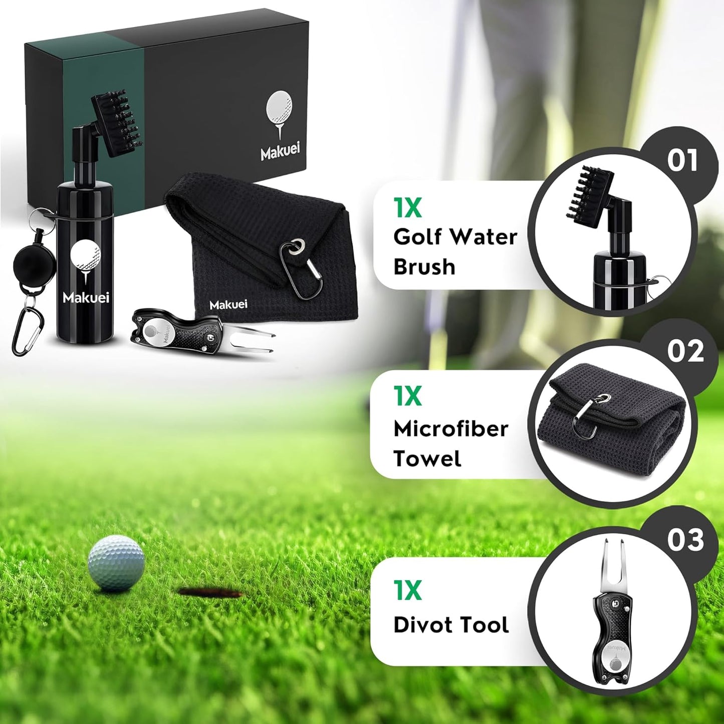 Makuei Golf Water Brush with Golf Towel and Divot Tool - Durable Golf Kit - Elevate Your Golfing Performance Today with Our Golf Cleaning Kit - Best Golf Gift for Golfers