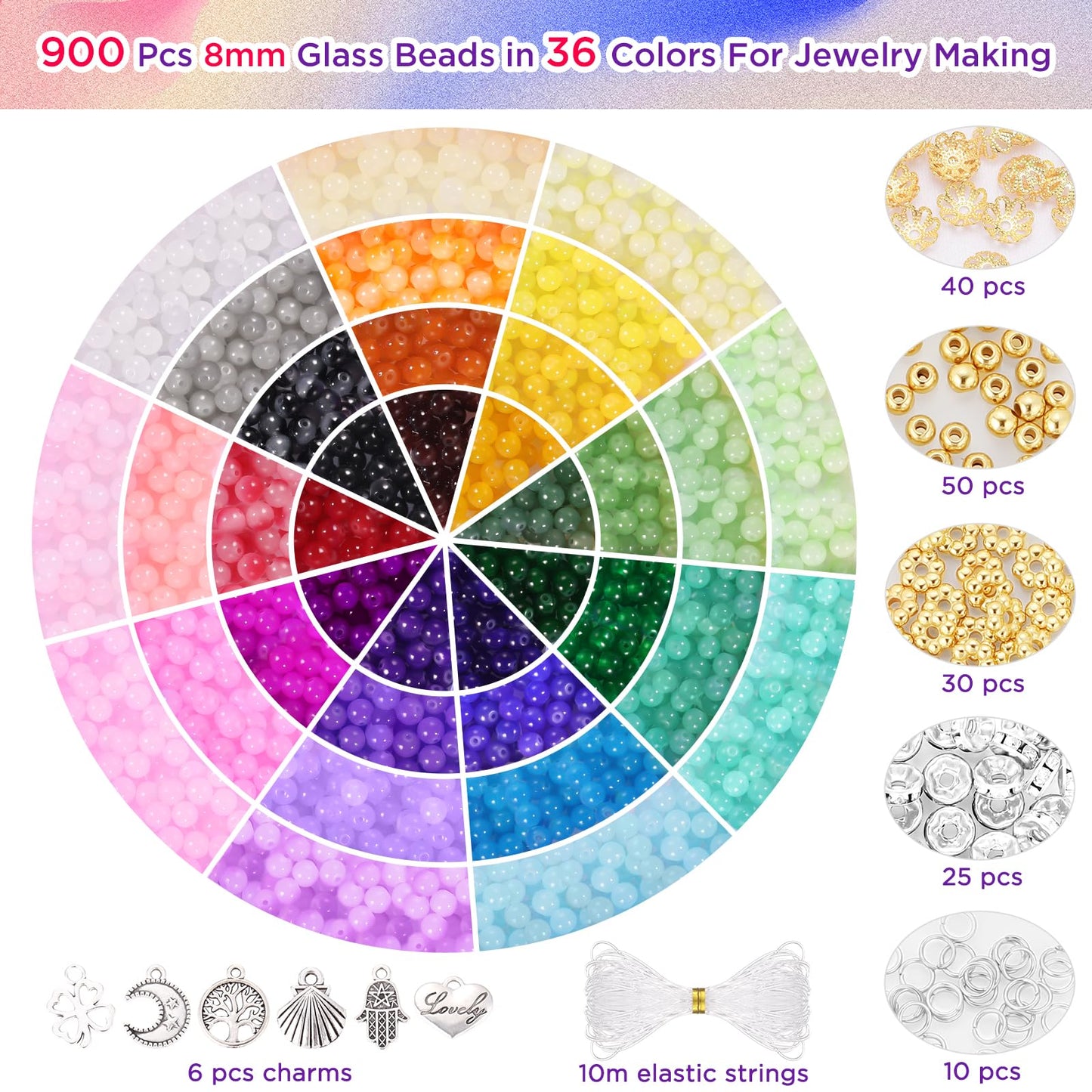 Funtopia 8mm Glass Beads for Bracelets, 36 Colors Crystal Beads for Jewelry Making, 1061pcs Bracelet Making Kit, Round Glass Bead for DIY Earrings Necklace Crafts with Spacer Bead and Charms