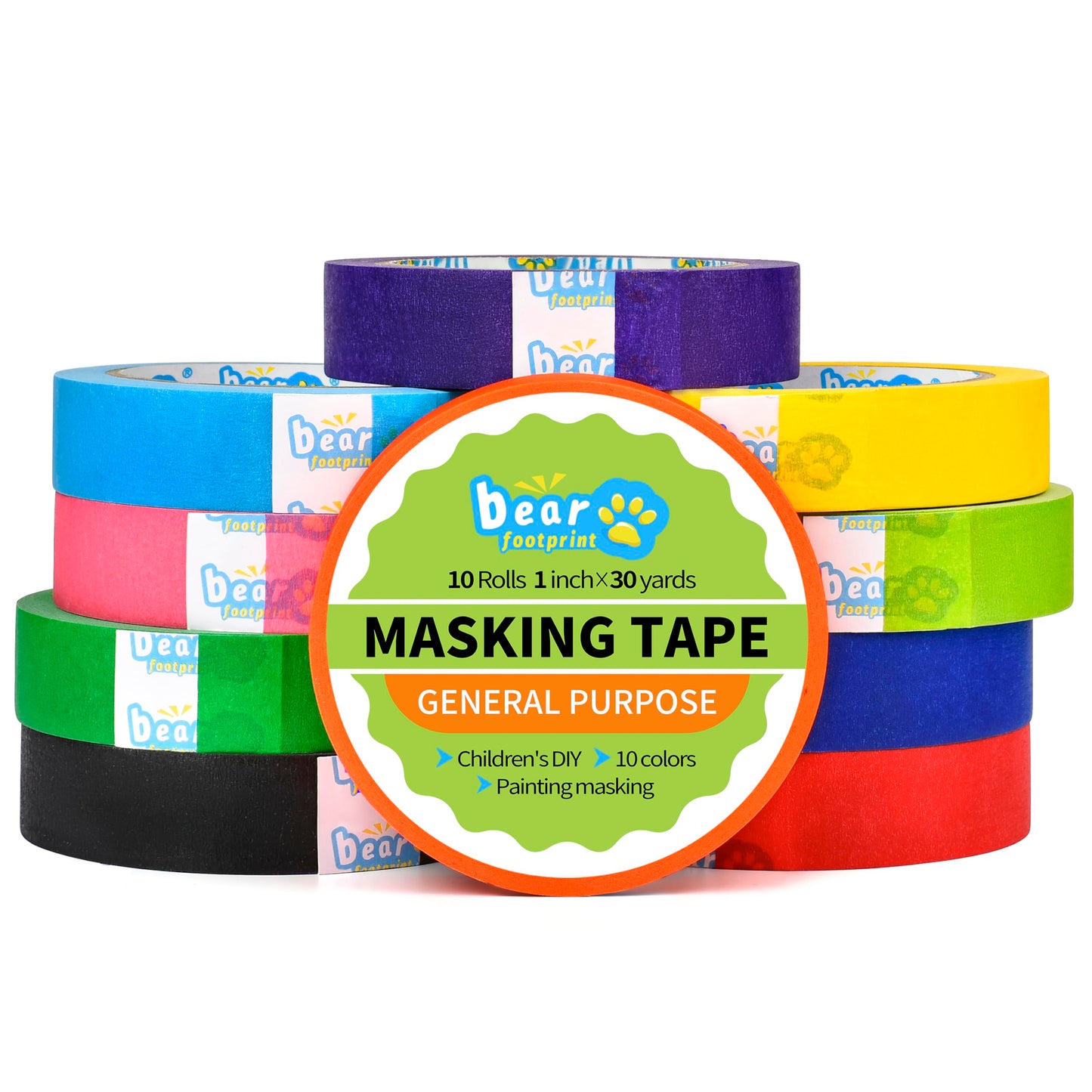 BEAR FOOTPRINT 10 Rolls Colored Masking Tape Set, Writeable Painters Tape Refills, 1 Inch Wide, 300 Yards Total, Easy to Remove & Leaves No Residue, Ideal for Arts and Crafts & School Supplies