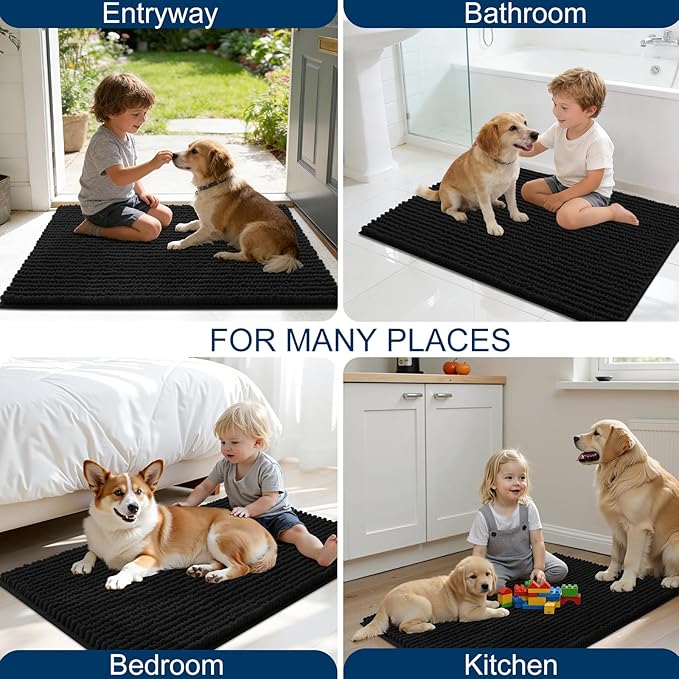 OLANLY Dog Door Mat for Muddy Paws 44x32, Ultra Absorbent Chenille Mud Doormat, Non-Slip Washable and Dirt Trapping Doormat for Indoor Entryway, Quick-Dry Indoor Pet Bed Mats for Dogs, Black