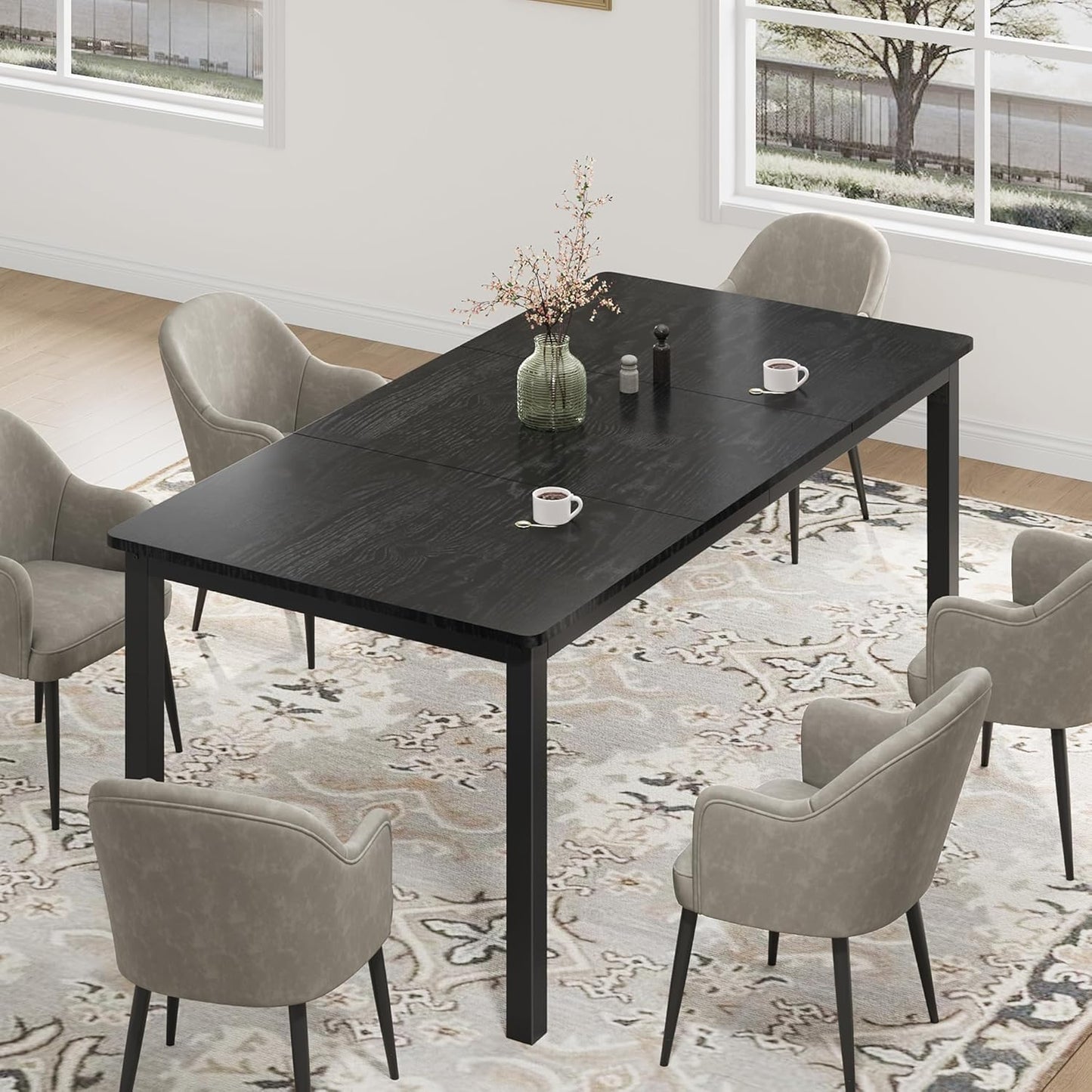 GarveeHome 70.8in Industrial Dining Table for 6, Wooden Long Dinner Table with Mortise Tenon Design, Kitchen Table with Sturdy Metal Legs, for Dining Room Home Office Living Room, Black