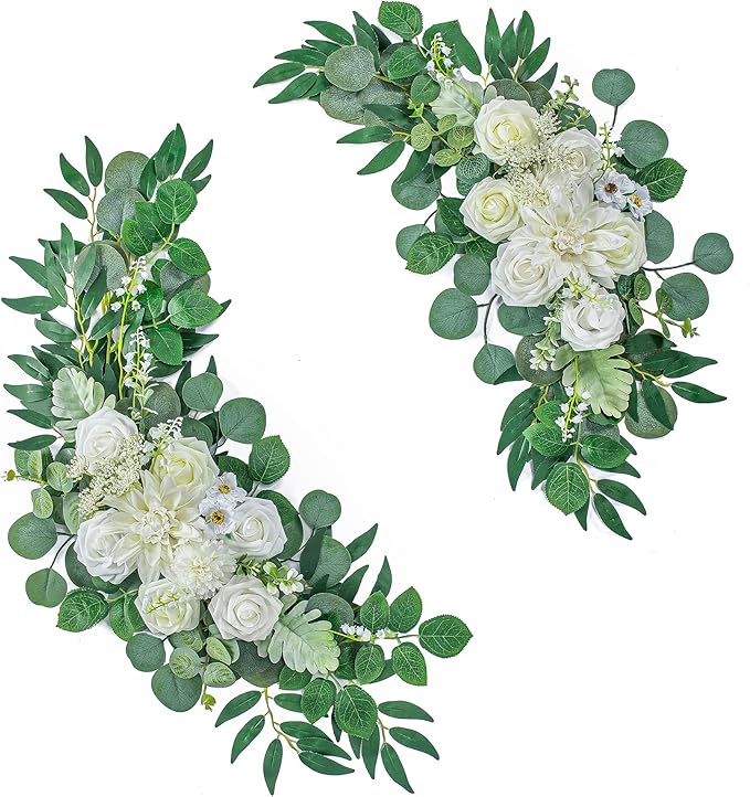 Wedding Arch Flowers, Artificial Floral Decor for Wedding Ceremony & Reception, Standard Size Large Flower Swag Set for Backdrop & Welcome Sign, Pack of 2 (Pure White & Ivory White)