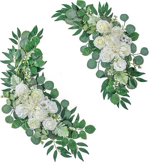 Wedding Arch Flowers, Artificial Floral Decor for Wedding Ceremony & Reception, Standard Size Large Flower Swag Set for Backdrop & Welcome Sign, Pack of 2 (Pure White & Ivory White)