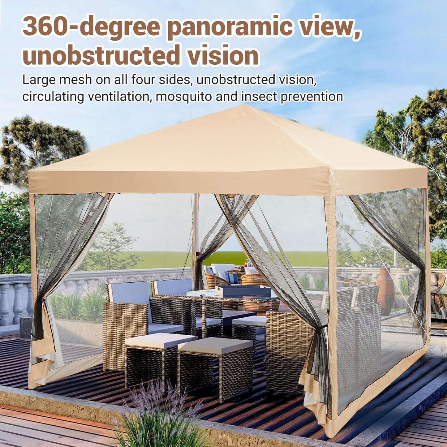 GarveeHome Easy Setup Pop-Up Canopy Tent 10x10ft – Waterproof Outdoor Gazebo with Mesh Mosquito Netting, Removable Sidewalls, UV Protection, Portable Sun Shelter for Camping, Patio, Beach, Events –