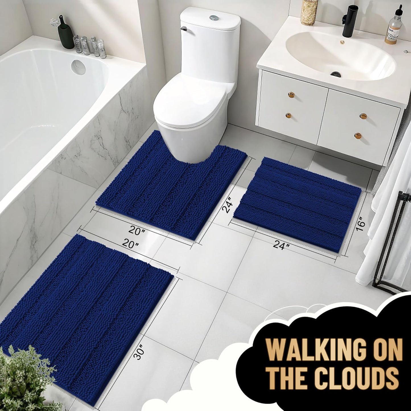 OLANLY Thick Bathroom Rugs 47x20, Extra Soft Absorbent Chenille Striped Bath Rugs, Rubber Backing, Machine Wash Dry, Bath Mats for Bathroom Floor, Tub and Shower, Home Decor Accessories, Navy