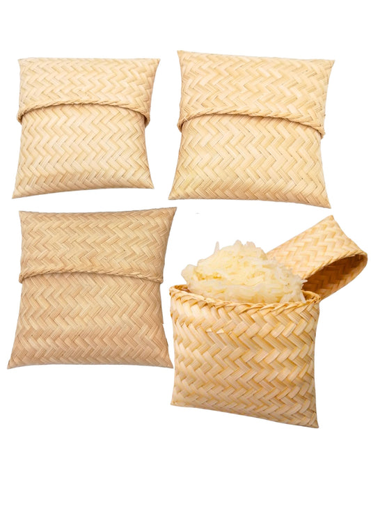 Sticky Rice Basket 4(3.5) x 4(3.5) In., Kratip Bamboo Steamed Sticky Rice Container, Thailand Handmade Serving Basket, Original Color, Thai and Laos Flat for Home, Restaurant (Flat Kratip Pack of 4)