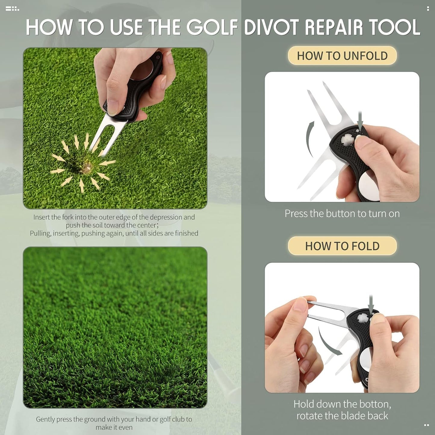 6 Packs Golf Repair Tool Stainless Steel Foldable Golf Divot Tool Magnetic Button Ball Marker