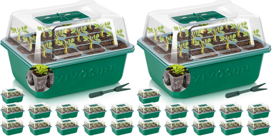 VIVOSUN 24-Pack Seed Starter Trays, 144-Cell Seed Starter Kit with Humidity Dome, Flat Reusable Plant Germination Trays with Drain Hole, Green Propagation Tray for Planting Seeds