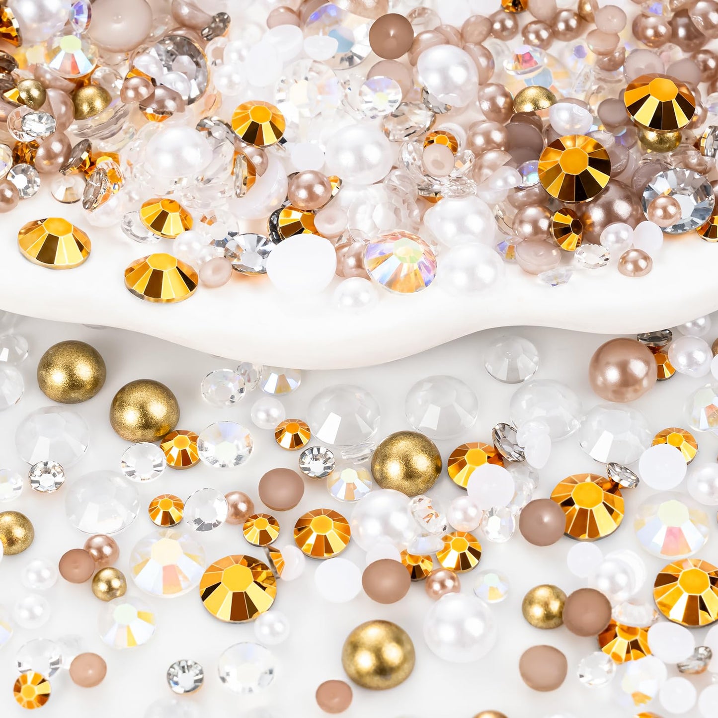 14400PCS Flatback Rhinestones Half Pearls for Crafts, Champagne Gold Resin Rhinestones Mixed Size 3mm-6mm, Flat Back Rhinestones for Bedazzling DIY Shoes Clothes with 2pcs B7000 Glue