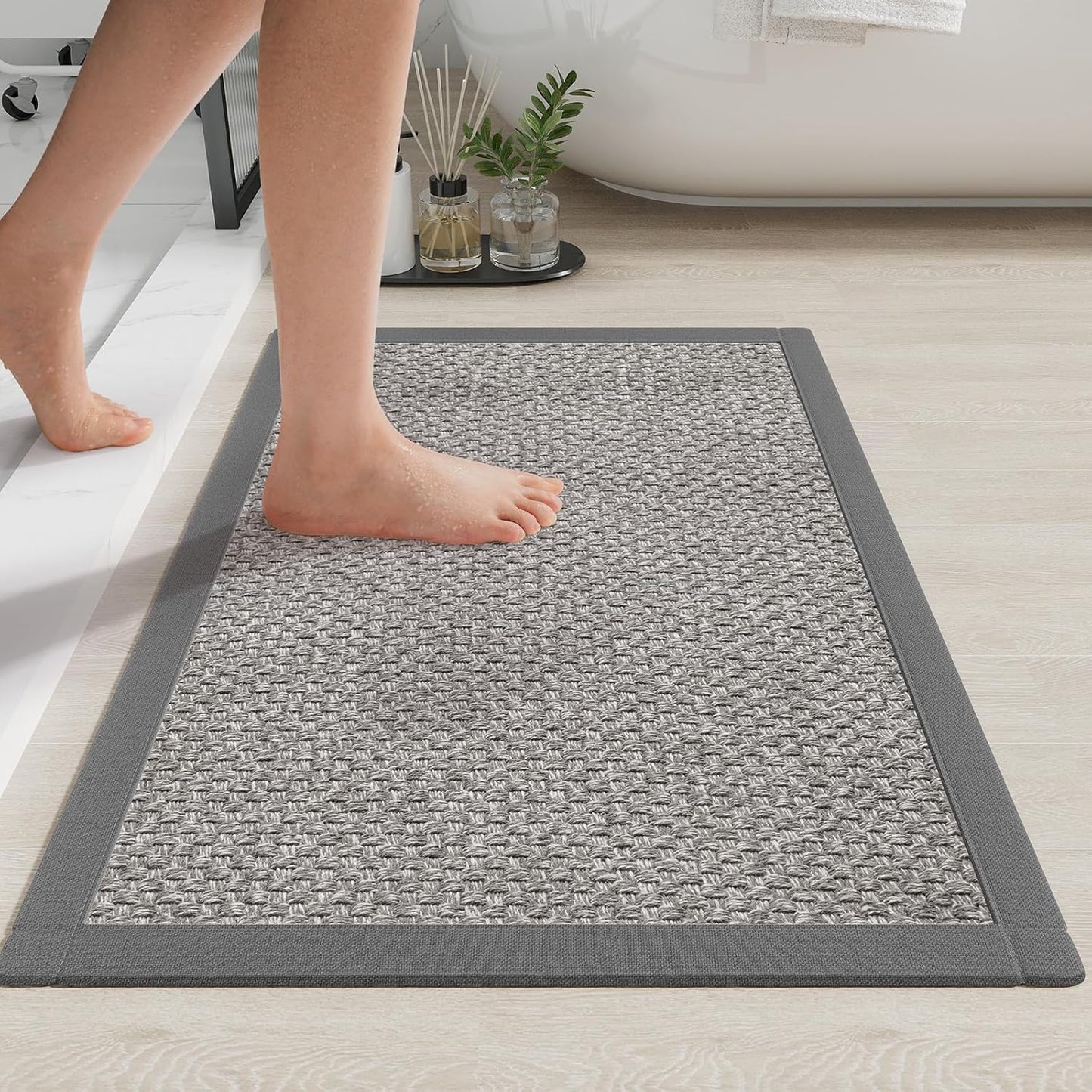 Non Slip Bath Mat Bathroom Rugs, Soft Jute-Like Ultra Thin Bath Mats, Rubber Backing Super Absorbent Quick Dry Bath Rug Shower Mat Fit Under Door Bathroom Floor, Machine Washable, Gray 16" x 24"
