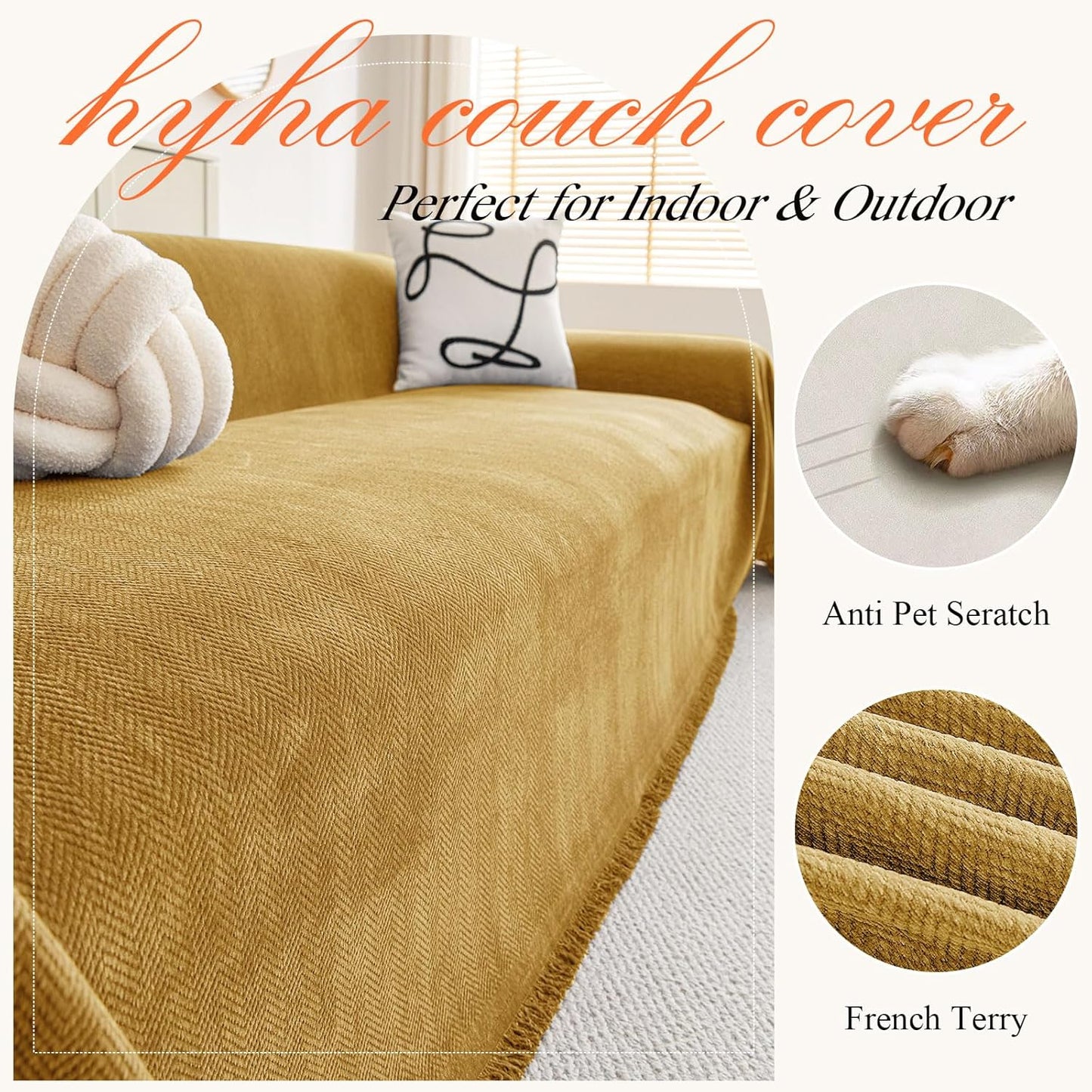 hyha Couch Cover for Dogs, Boho Sofa Covers for 3 Cushion Couch Washable, Chenille Sofa Slipcover for Pets, Soft Loveseat Sectional Couch Throw Blankets with Tassels (Yellow, 88.5x134 Inch)