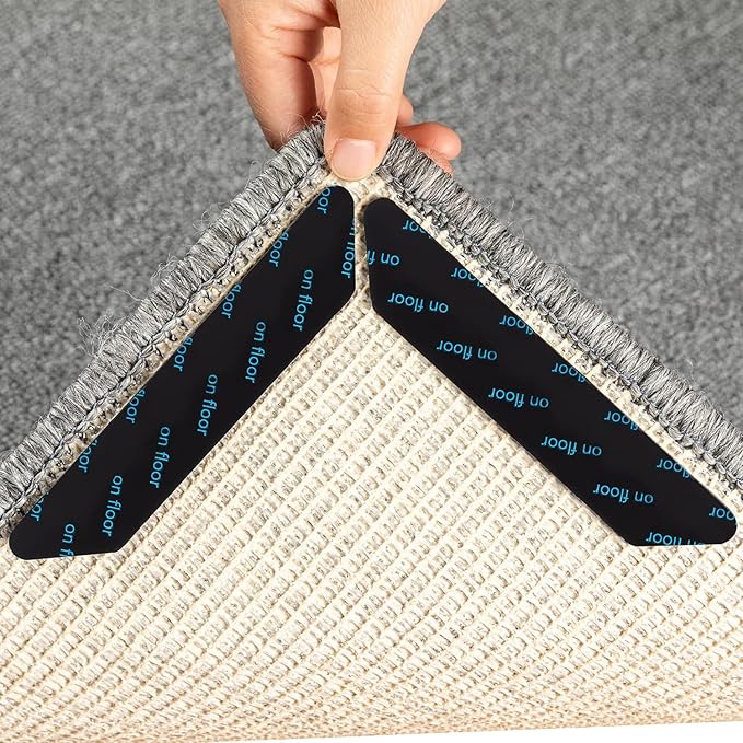 12-Pack Gripper for Rug for Hardwood Floors and Tiles: Double-Sided Reusable Rug Carpet Tape. Anti-Slip Tape Grips Area Rugs, Non-Slip Rug Pads Prevent Sliding, Curling, and Bunching