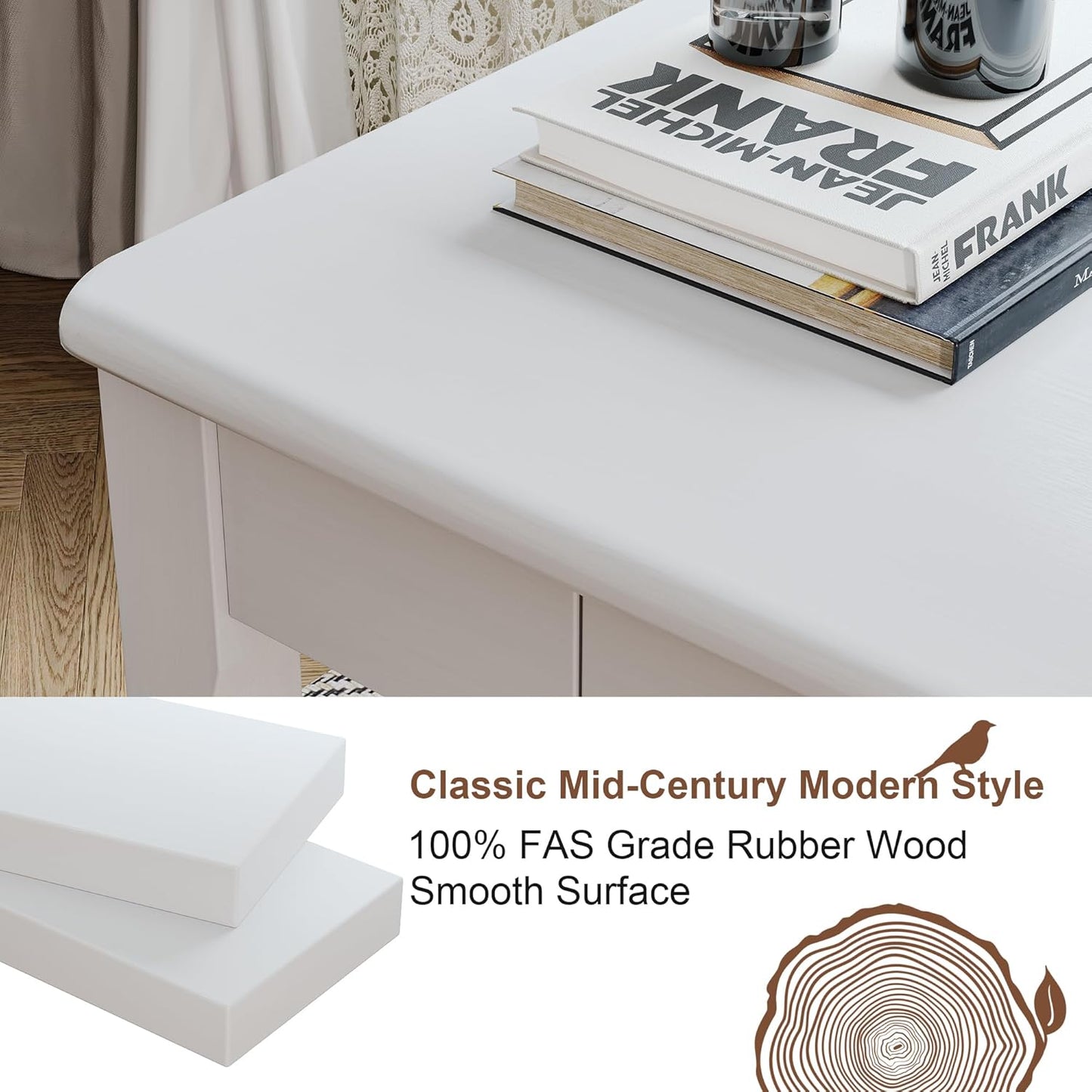 Solid Wood Desk with Drawers - 39 x 16 Inch Narrow Desks, Mid Century Modern Desks, Rubber Wood Study Table, Small Writing Desk for Small Spaces|Bedroom - White
