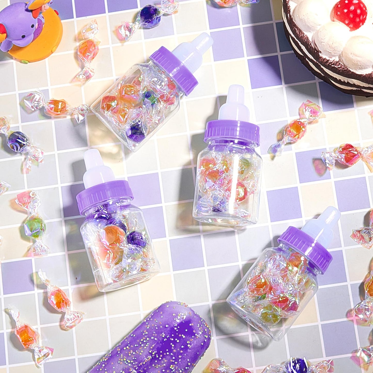 Patelai 36 Pcs 3.5 Inch Baby Bottle Shower Favor Mini Plastic Candy Bottle Clear Bottles for Baby Shower Mini Feeding Candy Figurine Coin Trinket Box for Mom to Be Party Baptism Newborn Gift(Purple)